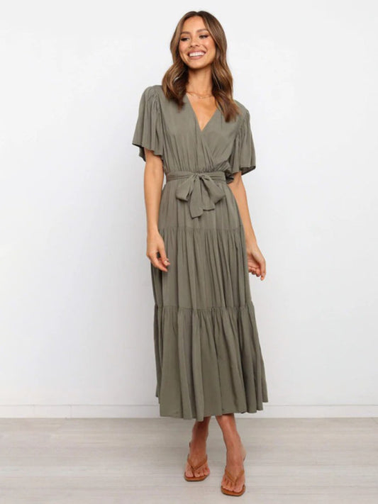 Women's Solid Color Ruffled Sleeves Faux-wrap Waist Tie Tiered Midi Dress