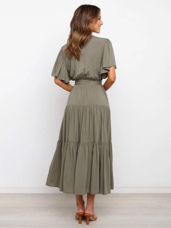 Women's Solid Color Ruffled Sleeves Faux-wrap Waist Tie Tiered Midi Dress