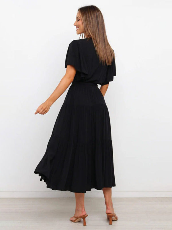 Women's Solid Color Ruffled Sleeves Faux-wrap Waist Tie Tiered Midi Dress