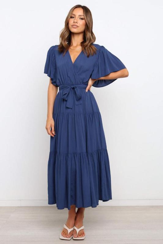 Women's Solid Color Ruffled Sleeves Faux-wrap Waist Tie Tiered Midi Dress