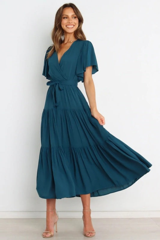 Women's Solid Color Ruffled Sleeves Faux-wrap Waist Tie Tiered Midi Dress
