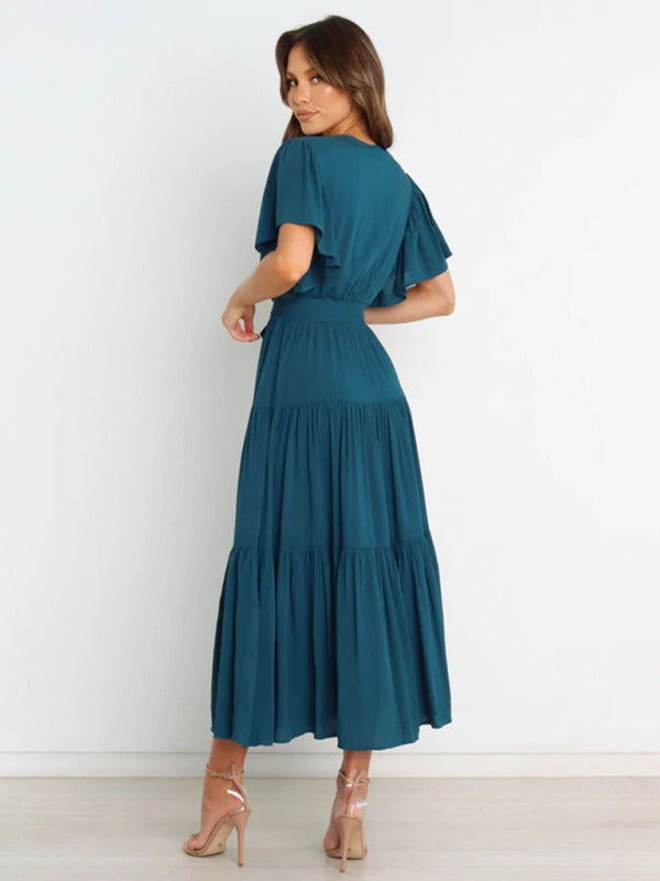 Women's Solid Color Ruffled Sleeves Faux-wrap Waist Tie Tiered Midi Dress