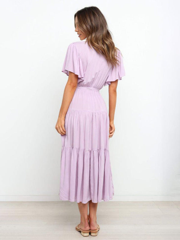 Women's Solid Color Ruffled Sleeves Faux-wrap Waist Tie Tiered Midi Dress