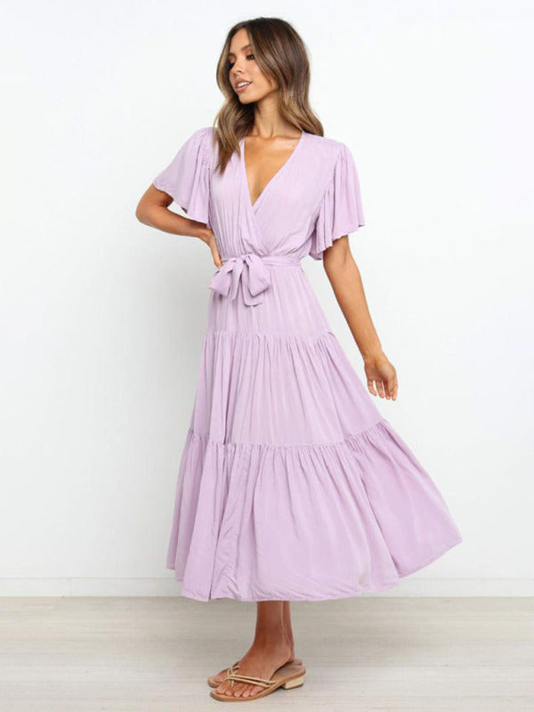 Women's Solid Color Ruffled Sleeves Faux-wrap Waist Tie Tiered Midi Dress