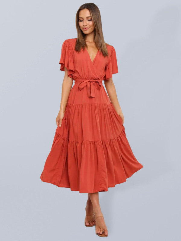 Women's Solid Color Ruffled Sleeves Faux-wrap Waist Tie Tiered Midi Dress
