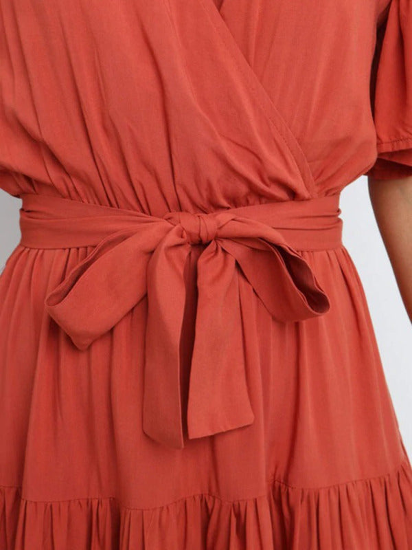 Women's Solid Color Ruffled Sleeves Faux-wrap Waist Tie Tiered Midi Dress
