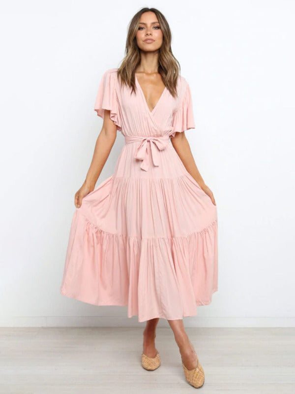 Women's Solid Color Ruffled Sleeves Faux-wrap Waist Tie Tiered Midi Dress