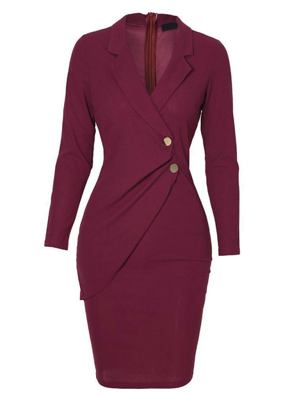 Women's Solid Color Double Breast Gold Hardware Button Suit Dress