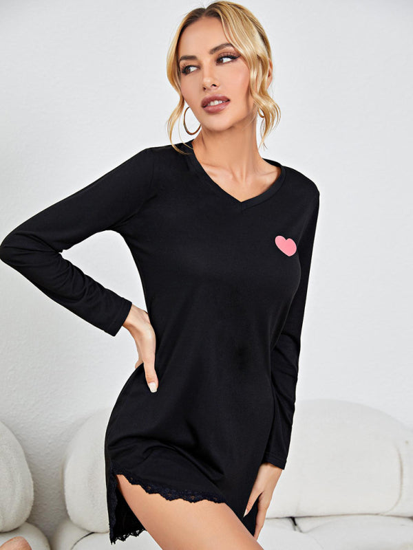 Homewear Heart Print Sexy One-Piece Pajama Dress