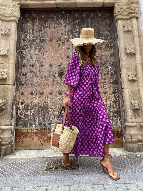 Women's Geometric Print Puff-sleeve Maxi Dress