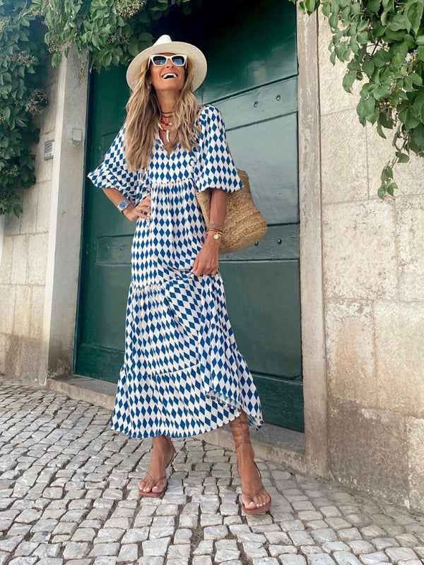 Women's Geometric Print Puff-sleeve Maxi Dress