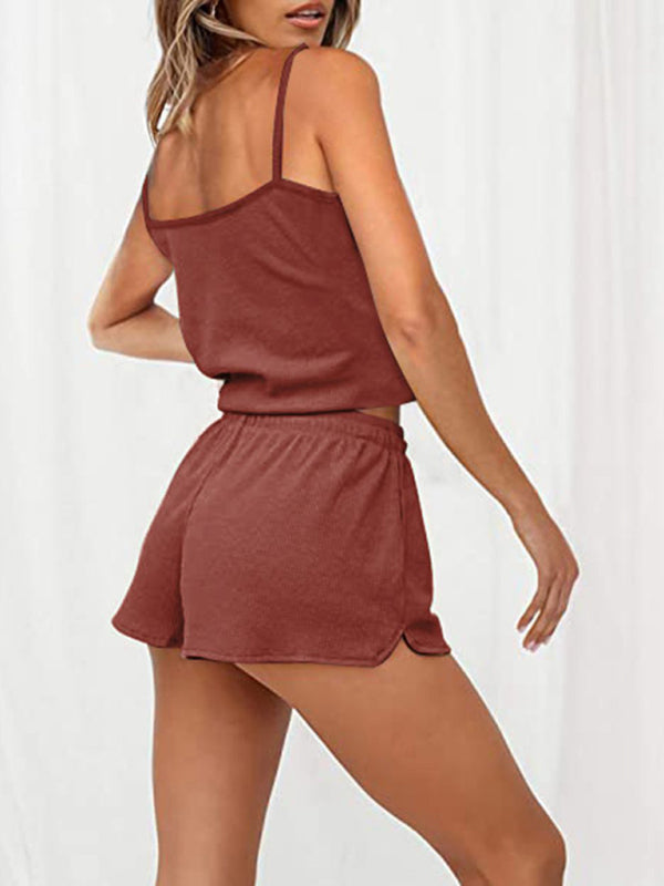 Suspenders Shorts Set + Drawstring Solid Color Waffle Comfortable Casual Homewear