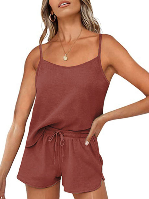 Suspenders Shorts Set + Drawstring Solid Color Waffle Comfortable Casual Homewear