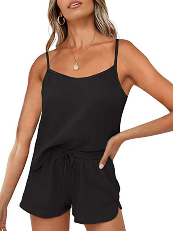 Suspenders Shorts Set + Drawstring Solid Color Waffle Comfortable Casual Homewear