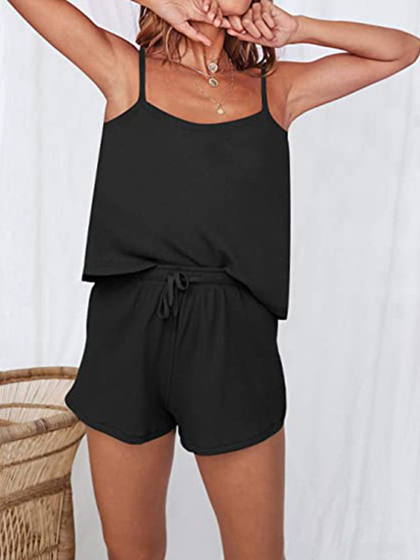 Suspenders Shorts Set + Drawstring Solid Color Waffle Comfortable Casual Homewear