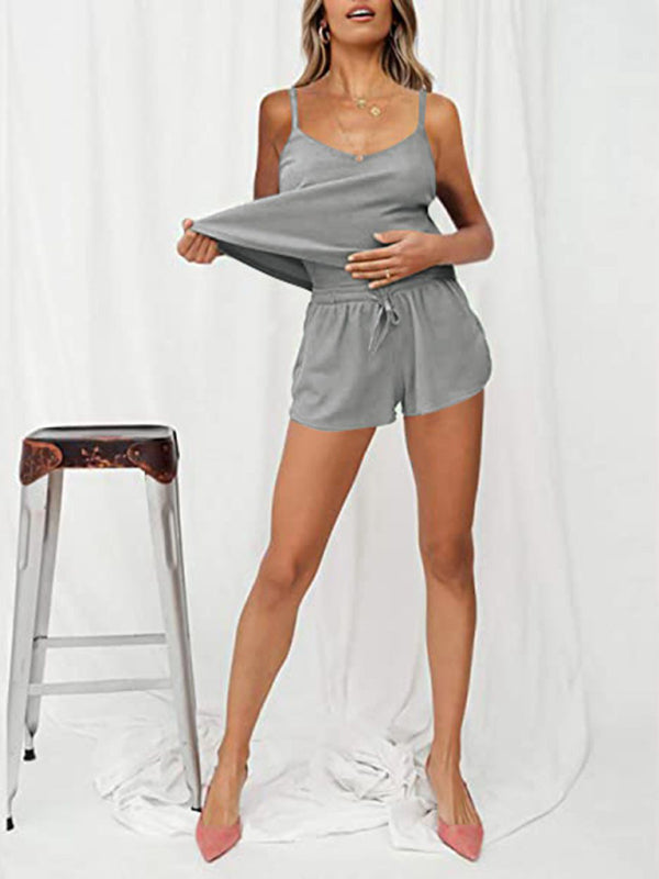 Suspenders Shorts Set + Drawstring Solid Color Waffle Comfortable Casual Homewear