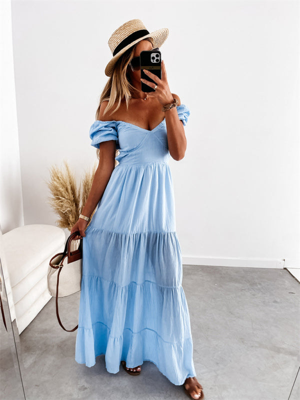 Women's Solid Color Tiered Sweetheart Empire Waist Off-the-shoulder Dress
