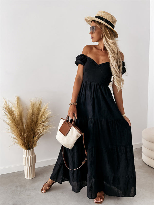 Women's Solid Color Tiered Sweetheart Empire Waist Off-the-shoulder Dress