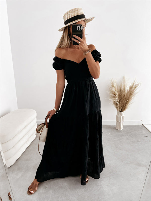 Women's Solid Color Tiered Sweetheart Empire Waist Off-the-shoulder Dress