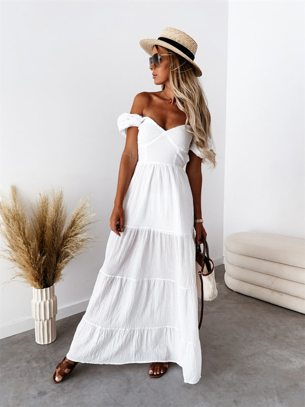 Women's Solid Color Tiered Sweetheart Empire Waist Off-the-shoulder Dress