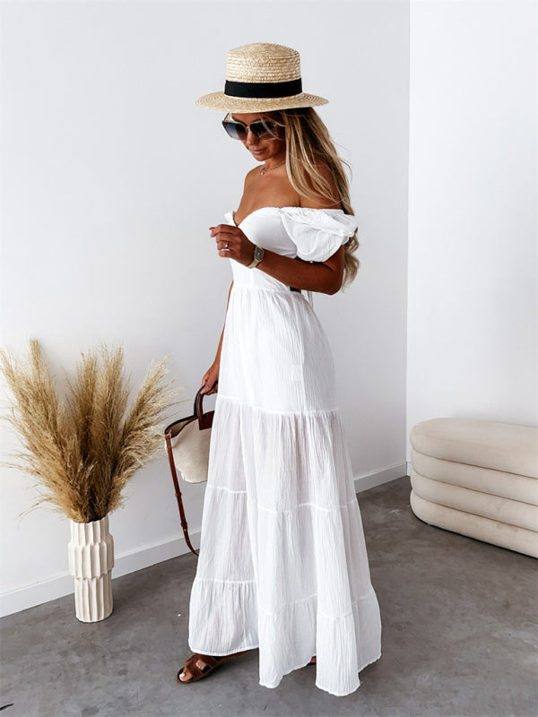 Women's Solid Color Tiered Sweetheart Empire Waist Off-the-shoulder Dress
