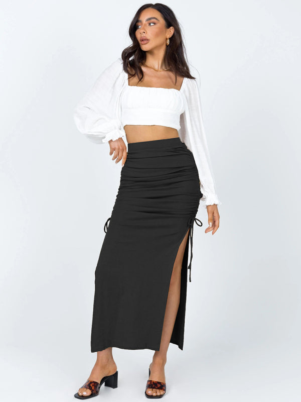 Women's Solid Color Side Lace Knit Ruched Mid Skirt