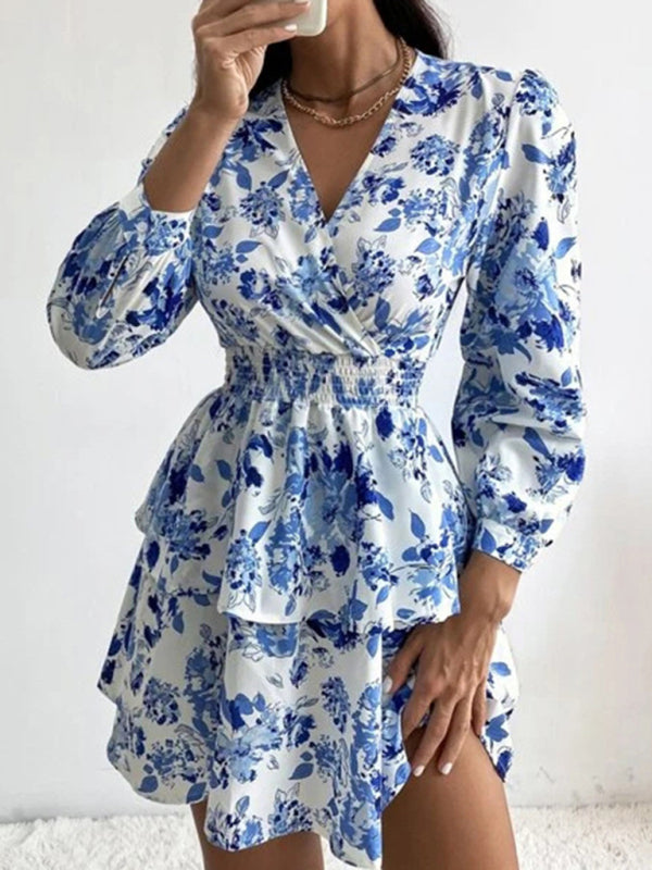 Women's Woven Print Fashion V Neck Pleated Long Sleeve Dress