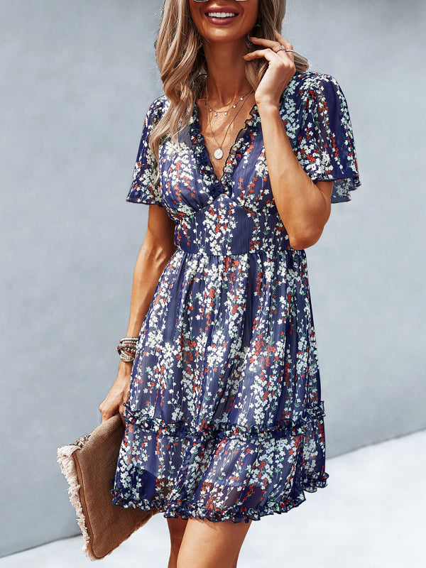 Women's Floral Print Flutter Sleeve Faux Wrap Mini Dress