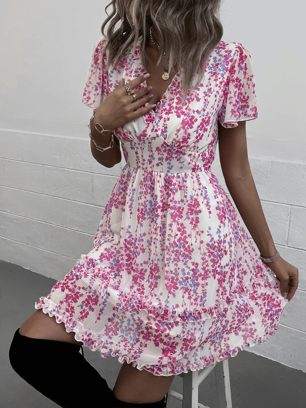 Women's Floral Print Flutter Sleeve Faux Wrap Mini Dress