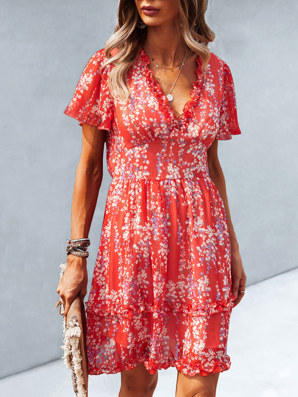 Women's Floral Print Flutter Sleeve Faux Wrap Mini Dress