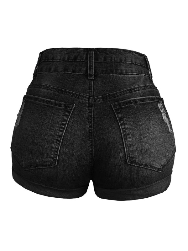 Trendy ripped rolled edge elastic high waist denim shorts women's hot pants