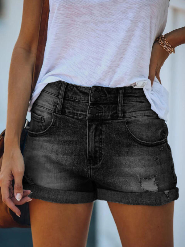 Trendy ripped rolled edge elastic high waist denim shorts women's hot pants