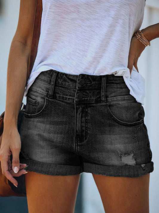 Trendy ripped rolled edge elastic high waist denim shorts women's hot pants