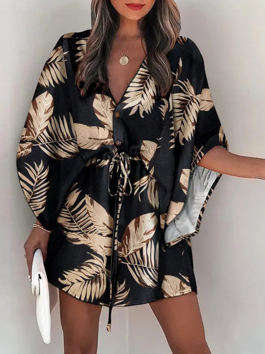 Women's Beach Dolman Half Sleeve V-neck Floral Print Adjustable Dress