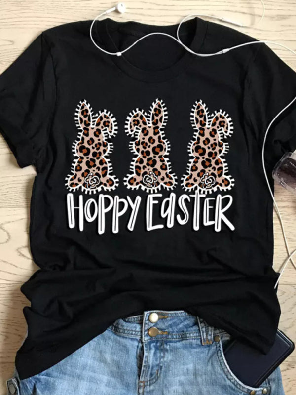 Women's Bunny With Leopard Print T-shirt Easter Short Sleeve Graphic Tees
