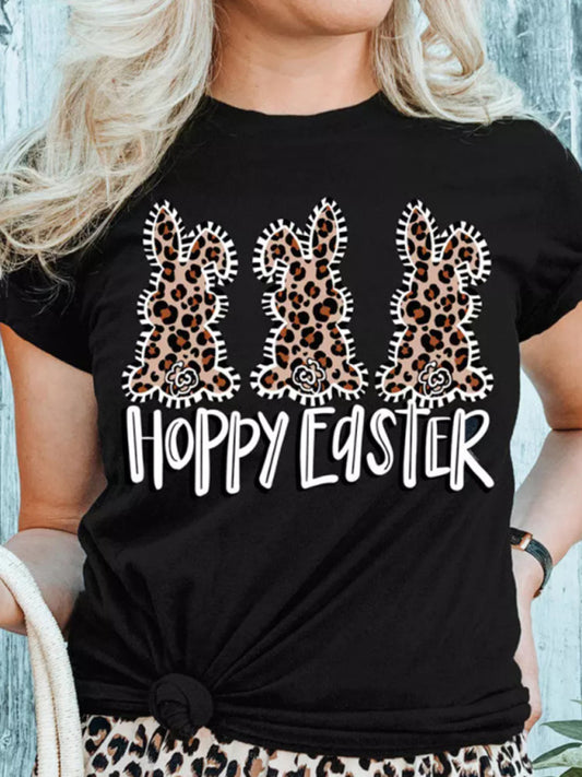Women's Bunny With Leopard Print T-shirt Easter Short Sleeve Graphic Tees