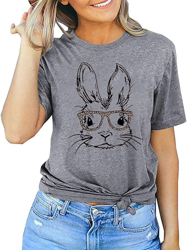 Women's Bunny With Leopard Print T-shirt Easter Short Sleeve Graphic Tees