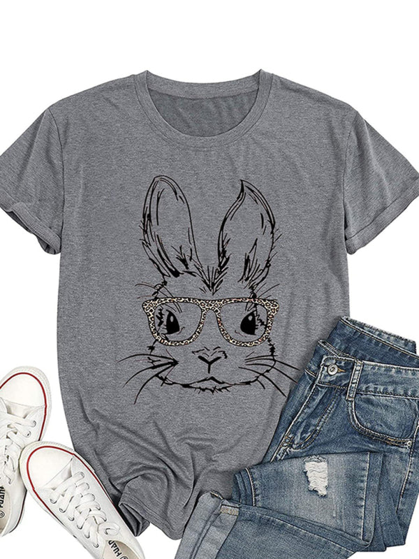 Women's Bunny With Leopard Print T-shirt Easter Short Sleeve Graphic Tees