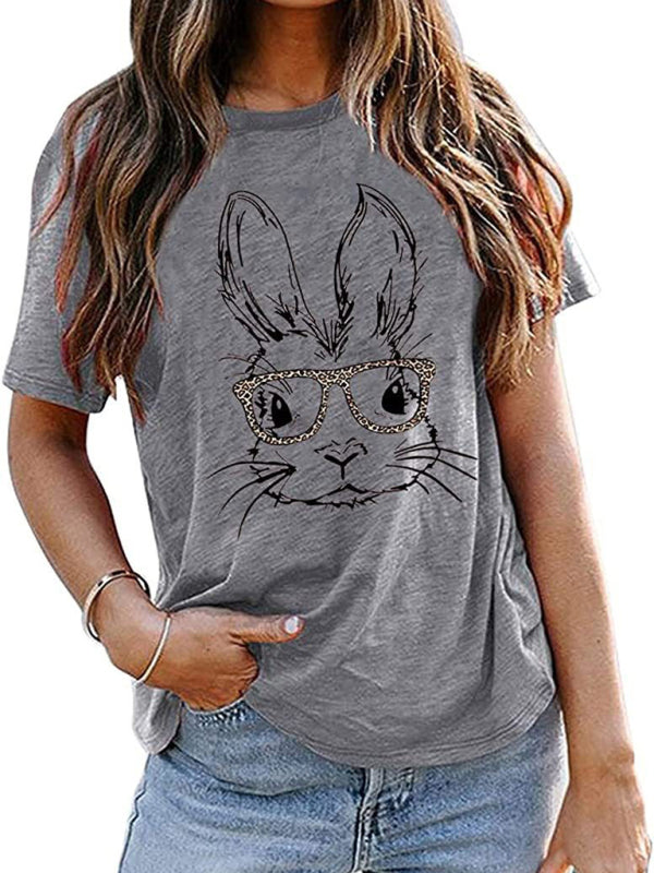 Women's Bunny With Leopard Print T-shirt Easter Short Sleeve Graphic Tees