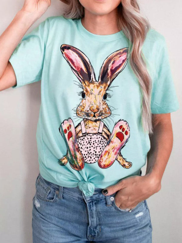 Women's Bunny With Leopard Print T-shirt Easter Short Sleeve Graphic Tees