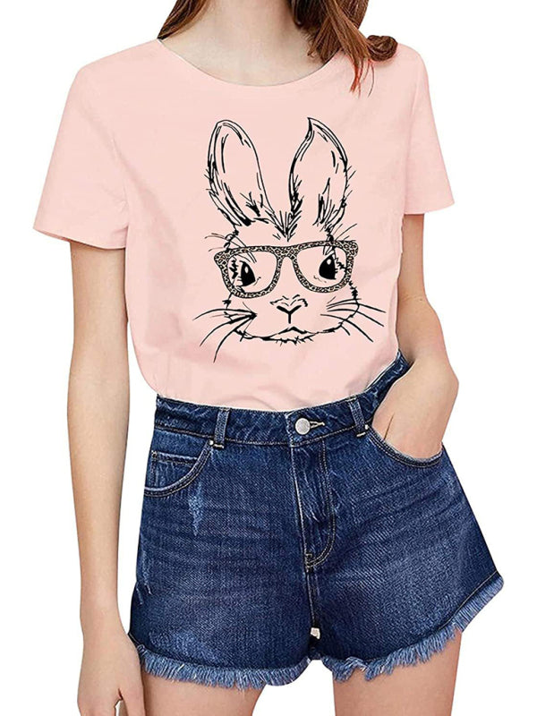 Women's Bunny With Leopard Print T-shirt Easter Short Sleeve Graphic Tees
