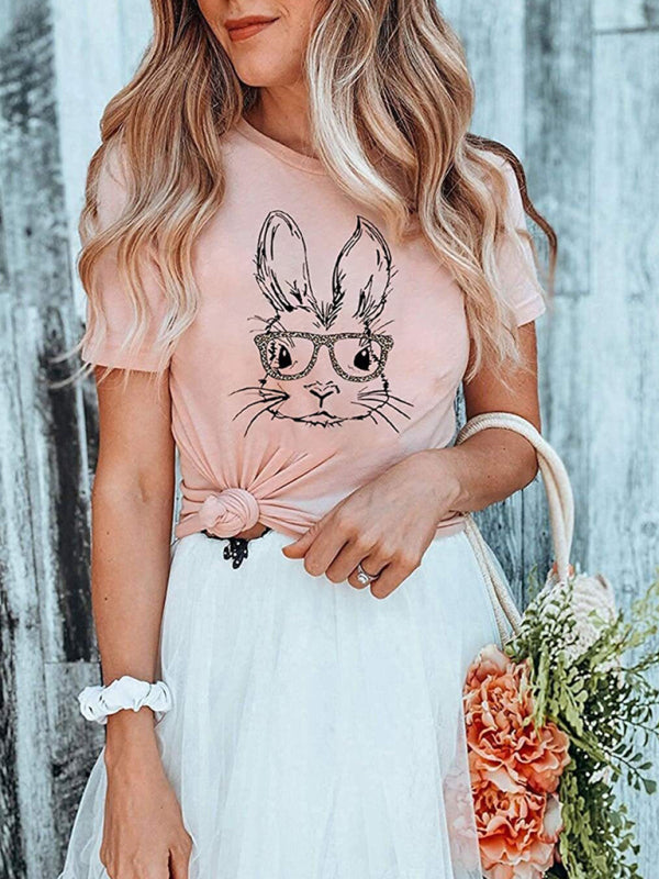 Women's Bunny With Leopard Print T-shirt Easter Short Sleeve Graphic Tees