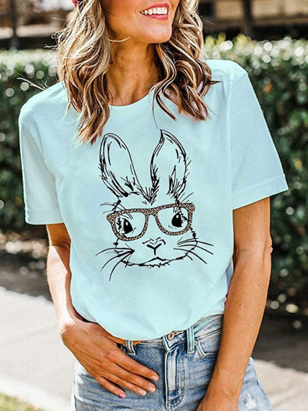 Women's Bunny With Leopard Print T-shirt Easter Short Sleeve Graphic Tees