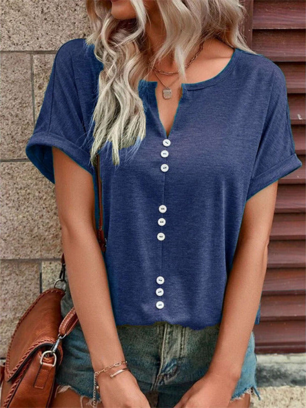 Women's Knitted Casual V-Neck Button Short Sleeve Top