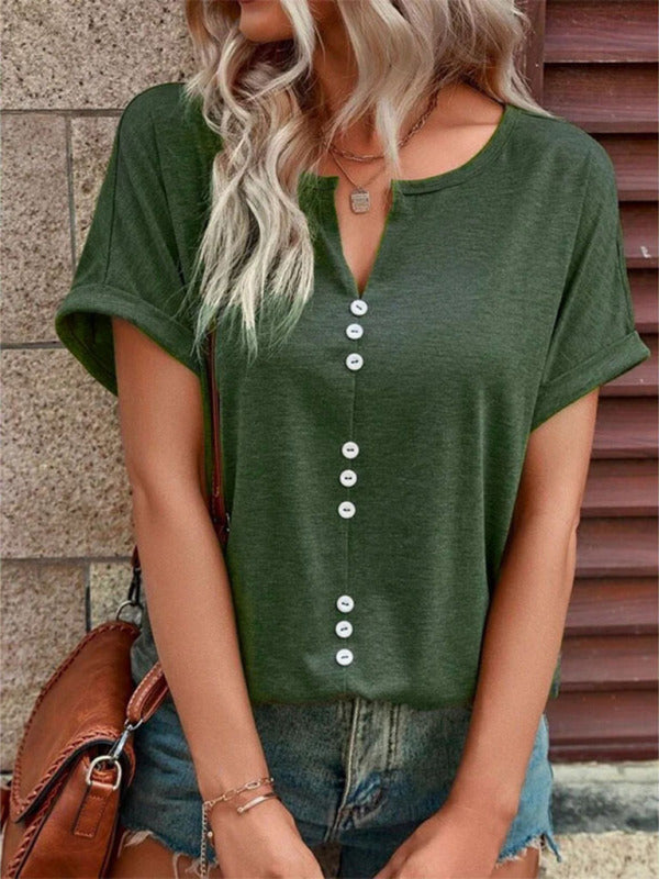 Women's Knitted Casual V-Neck Button Short Sleeve Top