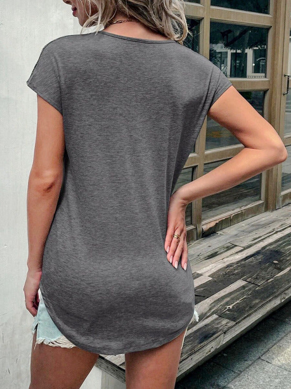 Women's Knitted Round Neck Half Zipper Stitching Lace Short Sleeve T-Shirt
