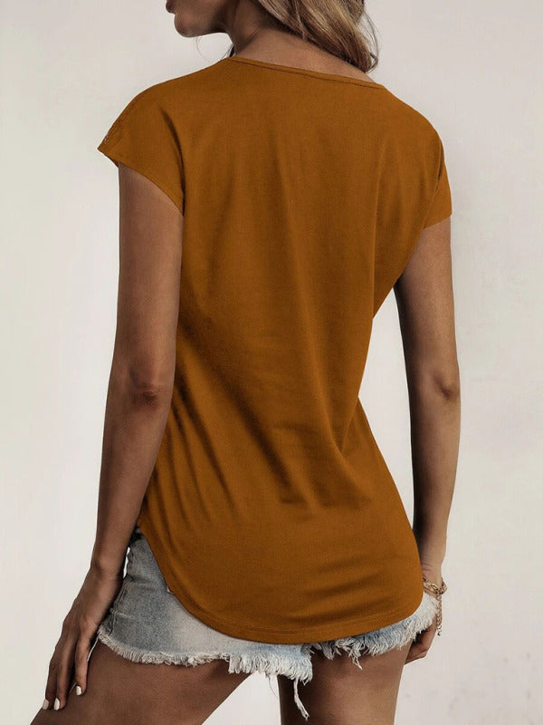 Women's Knitted Round Neck Half Zipper Stitching Lace Short Sleeve T-Shirt