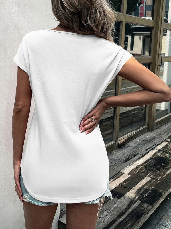 Women's Knitted Round Neck Half Zipper Stitching Lace Short Sleeve T-Shirt