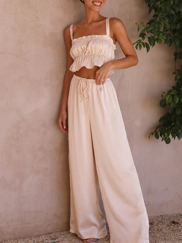 Women's Solid Color Ruffle Crop Top With Matching Wide-leg Pants