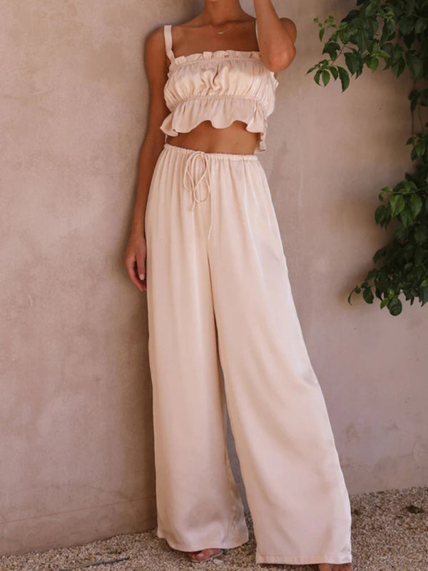 Women's Solid Color Ruffle Crop Top With Matching Wide-leg Pants